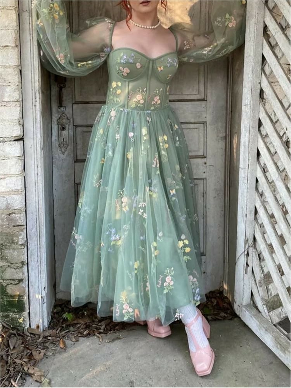Vintage Sage Green Floral Tulle Maxi Dress (1-2X)